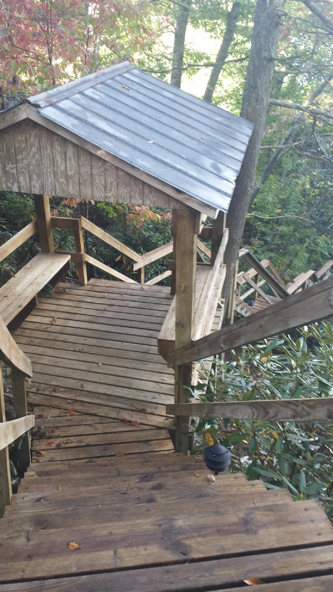 Metal roofed shelter over wooden steps on a wooded walkway — Skylight Repair & Installation work by our crew in Eagle Creek